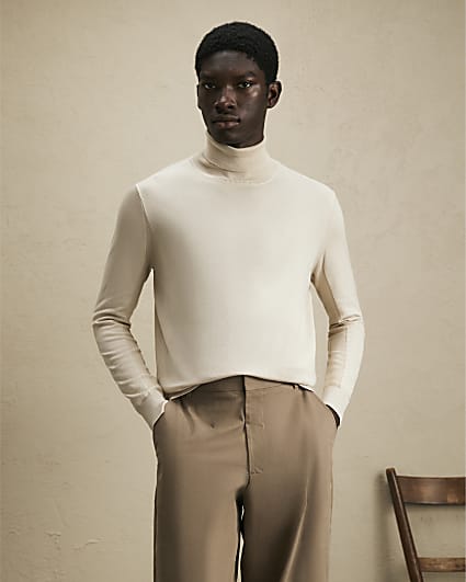 Beige Slim Fit Roll Neck Jumper