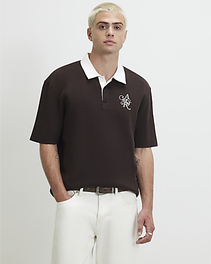 Brown Cotton Knitted Embroidered Rugby Shirt