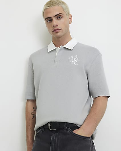 Grey Cotton Knitted Rugby Shirt
