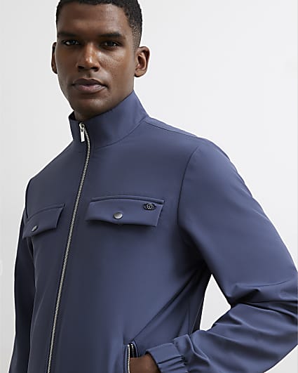 Blue Slim Fit Funnel Neck Long Sleeve Jacket