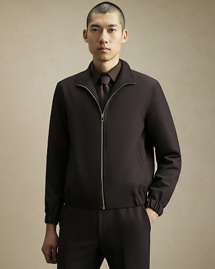 Brown Funnel Neck Smart Jacket