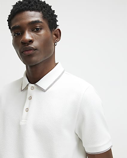 White Slim Fit Textured Button Polo Shirt