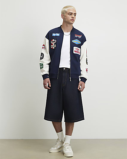 Navy Oversized Varsity Patch Bomber Jacket