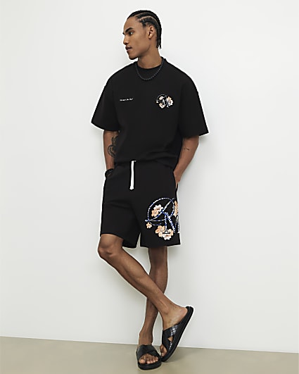 Black Oversized Cotton Blend Textured T-Shirt
