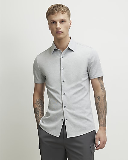 Grey Muscle Fit Pique Short Sleeve Shirt