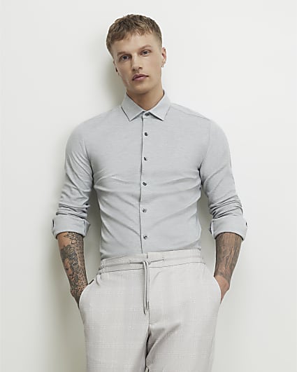 Grey Muscle Fit Pique Long Sleeve Shirt