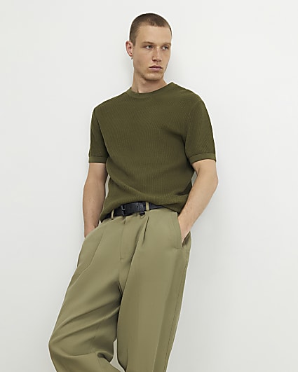 Khaki Slim Fit Cotton Waffle Knitted T-Shirt