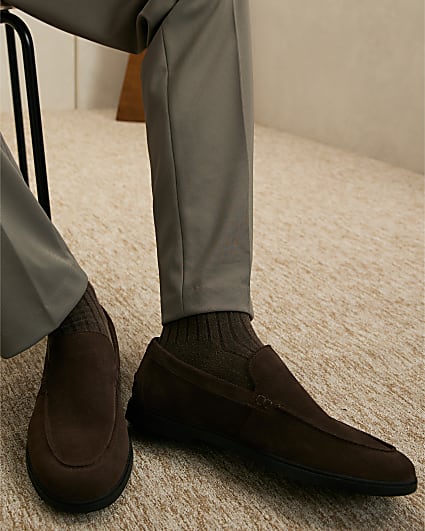 Brown Suede Slip On Loafers
