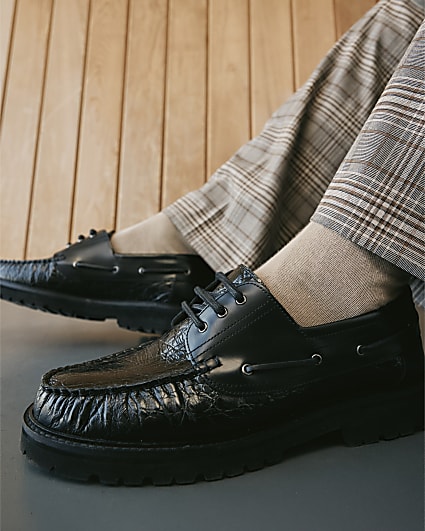 Black Twisted Tailor Leather Boat Shoes