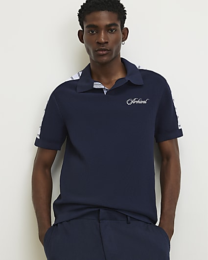 Navy Cotton Short Sleeve Open Collar Jumper