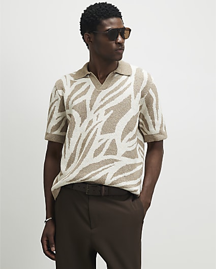 Beige Open Collar Botanic Knit Top