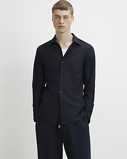 Black Muscle Fit Ribbed Long Sleeve Shirt