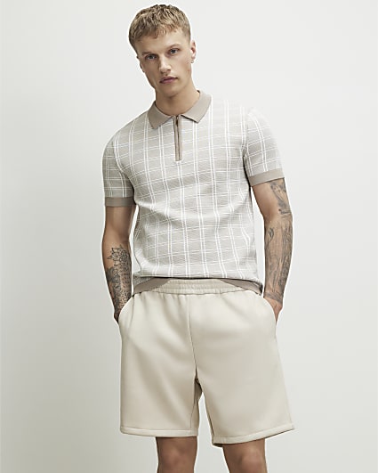 Beige Short Sleeve Checked Knit Polo Shirt