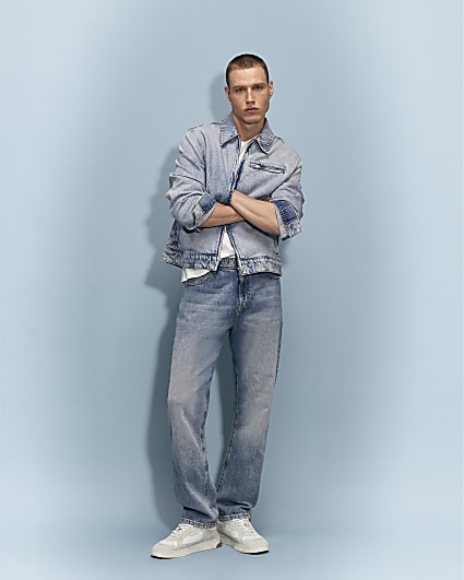 Blue Straight Leg Linen Blend Jeans