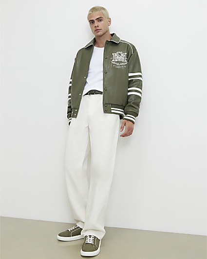 Green Faux Leather Washed Varsity Jacket