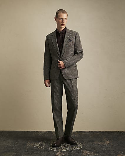 Brown Slim Fit Textured Suit Trousers