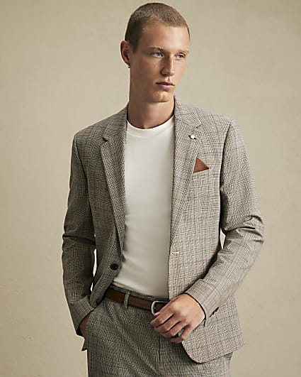 Grey Skinny Fit Check Suit Jacket