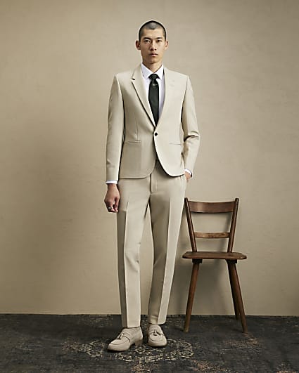 Beige Skinny Fit Suit Trousers