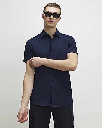 Navy Muscle Fit Short Sleeve Pique Shirt