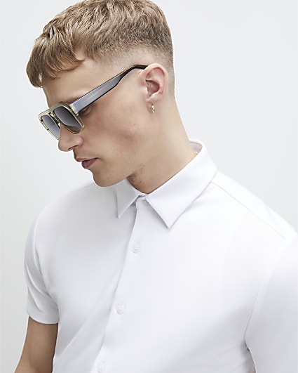 White Muscle Fit Pique Shirt