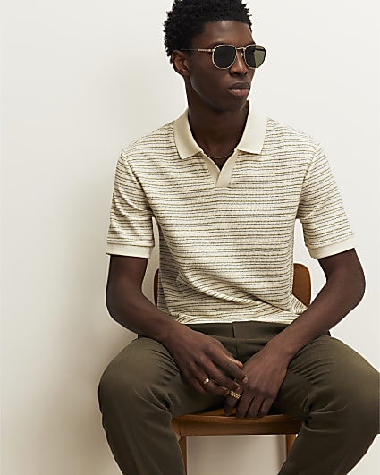 Cream Slim Fit Crochet Open Neck Polo Shirt