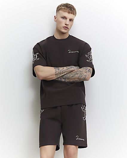 Brown Oversized Cotton Blend Roping T-Shirt