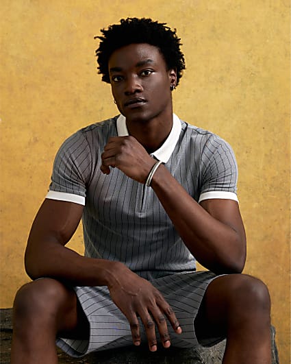 Grey Slim Fit Pinstripe Polo Shirt