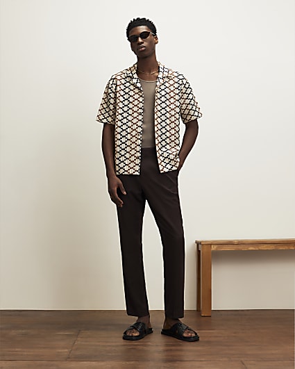 Brown Regular Fit Geometric Crochet Shirt