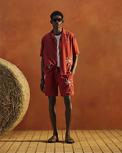 Red Linen Blend Roping Shirt