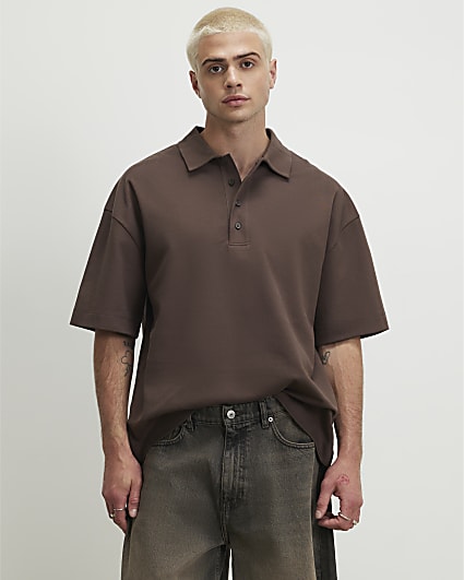 Brown Boxy Fit Button Polo Shirt