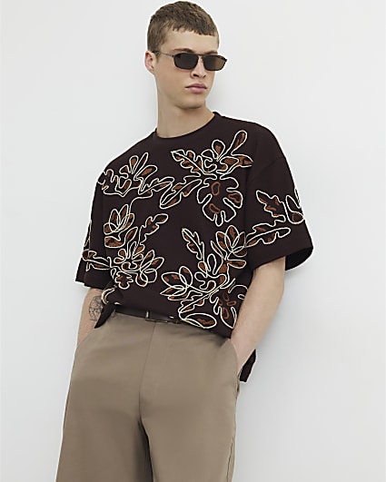 Brown Oversized Fit Roping Floral T-Shirt