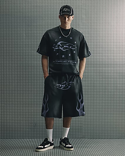 Black Washed Flame Shorts