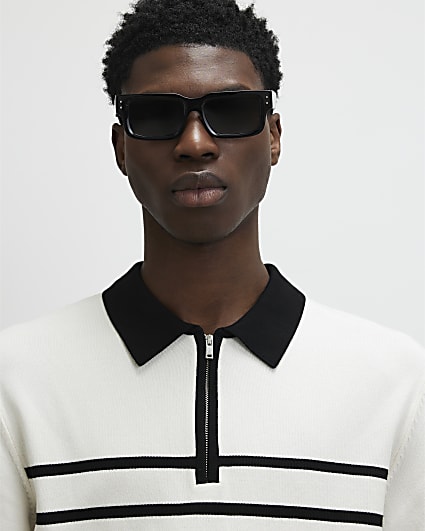 Black Slim Fit Stripe Knitted Polo Shirt