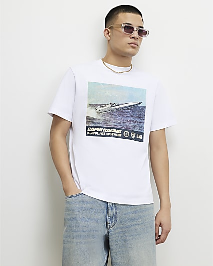 White Oversized Speed Boat Graphic T-Shirt