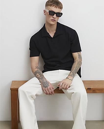 Black Regular Fit Waffle Polo Shirt