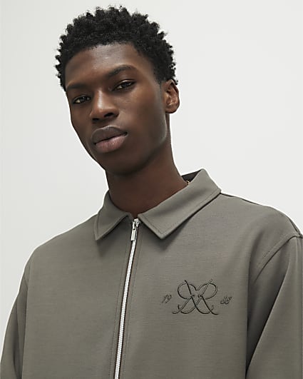 Khaki Regular Fit Monogram Zipped Shacket