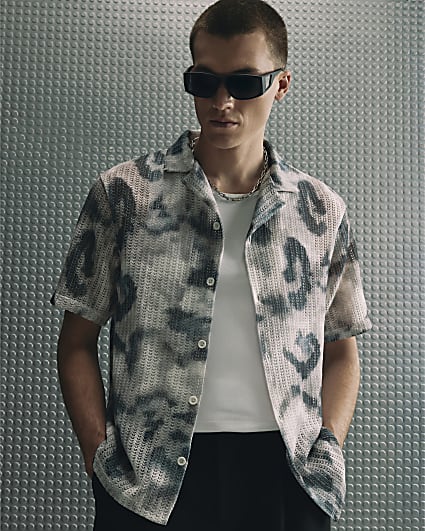 Black Regular Fit Printed Crochet Shirt