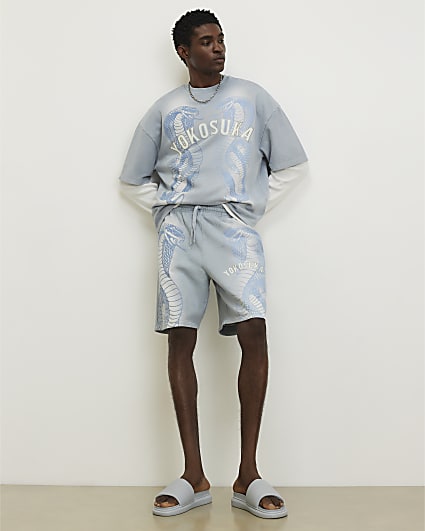 Blue Oversized Cotton Yokosuka Washed T-Shirt