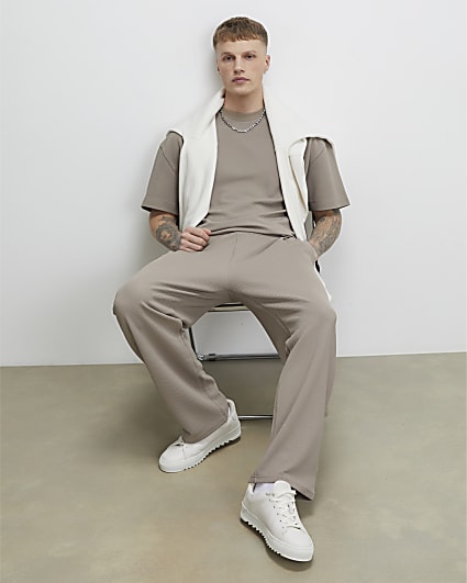 Beige Wide Leg Waffle Textured Joggers