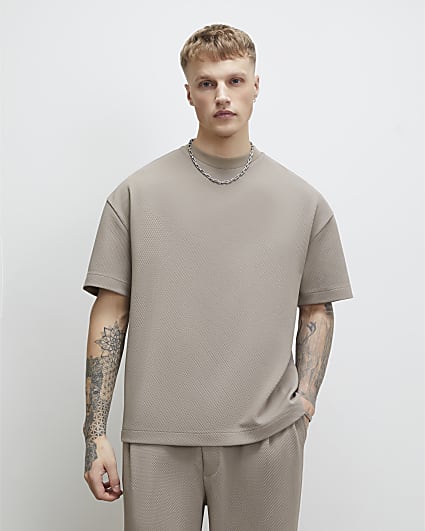 Beige Oversized Fit Waffle Textured T-Shirt