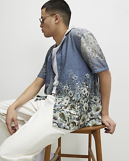 Blue Slim Fit Ombre Floral Revere Shirt