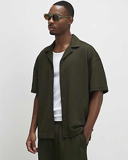 Khaki Oversized Fit Waffle Textured Shirt