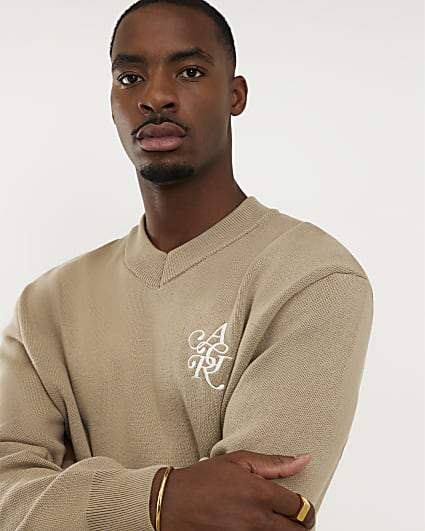 Beige Compact Knit V Neck Jumper