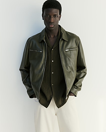 Khaki RI Studio Leather Zip Up Jacket