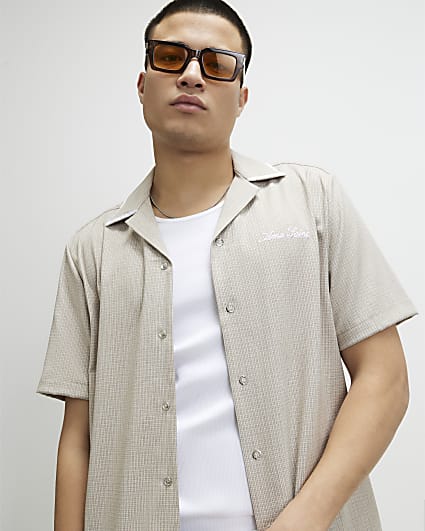 Beige Piped Pinstripe Revere Shirt