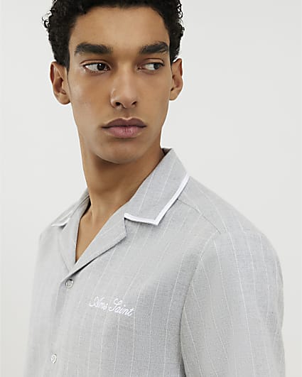 Grey Piped Pinstripe Revere Shirt