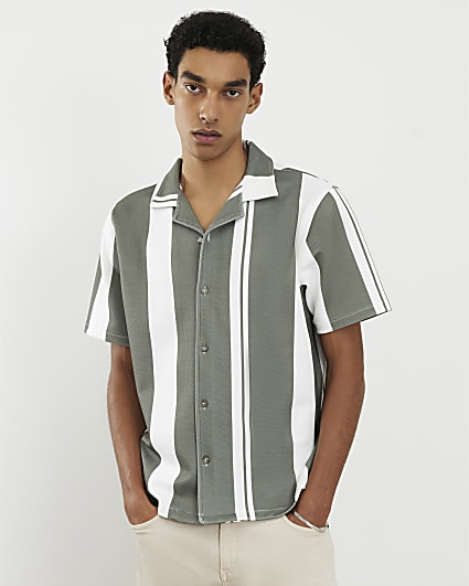 Green Stripe Revere Collar Short Sleeve Shirt