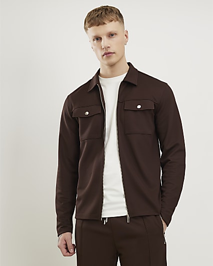 Brown Slim Fit Pique Zip Through Shacket