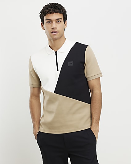 Beige Premium Slim Fit Colour Block Shirt