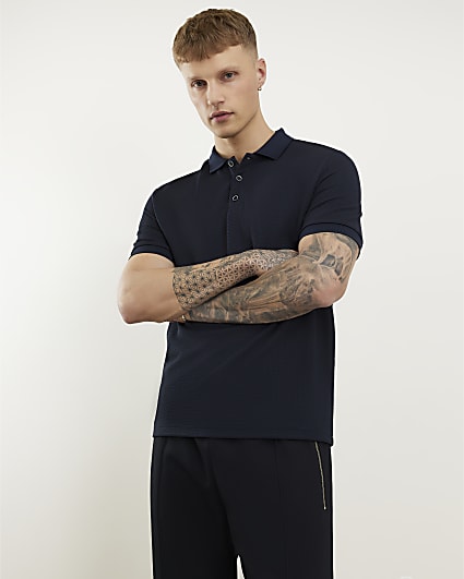 Navy Slim Fit Textured Polo Shirt